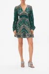 Camilla Venice Veil Print Crystal Embellished Long Sleeve Silk Dress In Green/grey