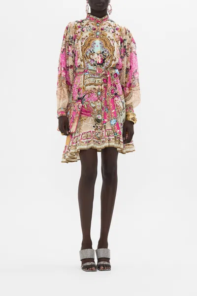 Camilla Drop-sleeve Tie-waist Short Printed Silk Shirtdress In Call Of The Canal