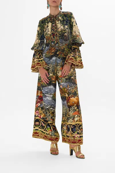 Camilla Elastic Sleeve Tie Front Blouse Tapestry Totems In Brown