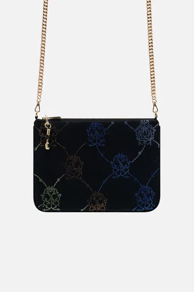 Camilla Embellished Zip Top Clutch With Strap Black Mono In Blue
