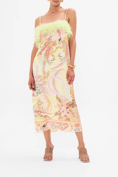 Camilla Feather Square Neck Midi Dress Cosmic Tuscan In Green/yellow