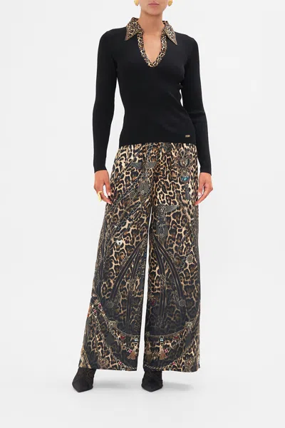 Camilla Fitted Knit Top With Silk Collar Amsterglam In Black/brown