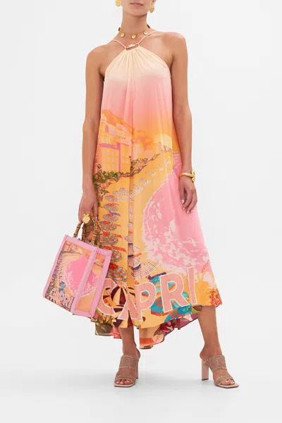Camilla Gather Neck Halter Maxi Dress Capri Me In Orange/peach/