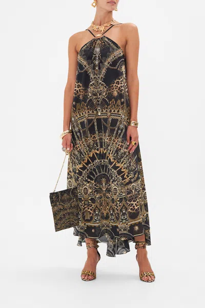 Camilla Gather Neck Halter Maxi Dress Masked At Moonlight In Black/brown