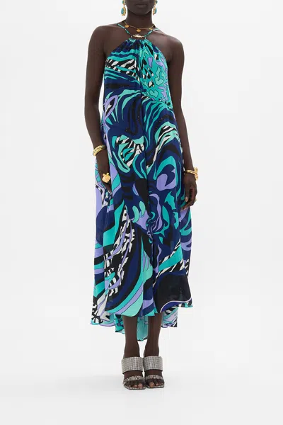 Camilla Gather Neck Halter Maxi Dress Vividly Venice In Blue/navy