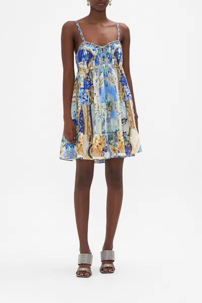 Camilla Gathered Bust Tiered Mini Dress Views Of Vesuvius In Blue/brown