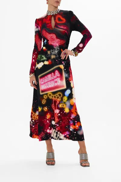 Camilla Gathered Jersey Long Dress Electric Loveland In Black/red