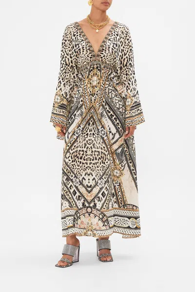 Camilla Gathered Kimono Dress Mosaic Muse In Beige/brown/grey