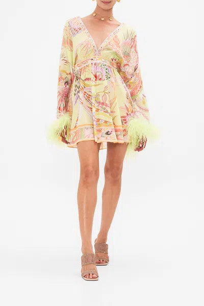 Camilla Gathered Kimono Mini Dress With Feathers Cosmic Tuscan In Beige/green