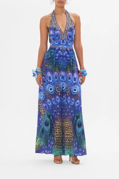 Camilla Halterneck Jumpsuit With Tie Neck Peacock Rock In Blue/navy