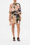 Camilla High Neck Cut Out Detail Short Kaftan Lady Of The Moon In Black/pink