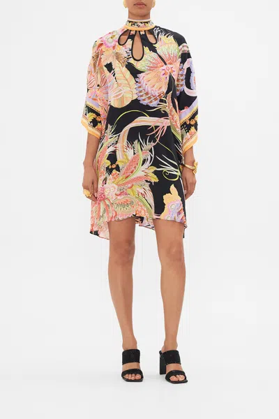 Camilla High Neck Cut Out Detail Short Kaftan Lady Of The Moon In Black