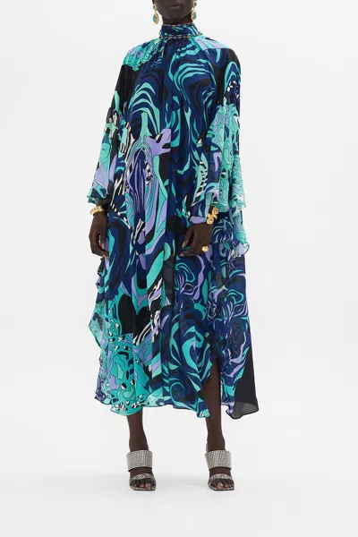 Camilla High Neck Ruffle Kaftan Vividly Venice In Blue/navy
