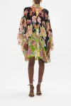 Camilla High Neck Ruffle Swing Dress Sundowners In Sicily In Black/green/orange