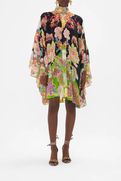 Camilla High Neck Ruffle Swing Dress Sundowners In Sicily In Black/green/orange