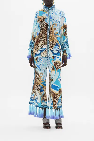 Camilla Kimono Sleeve Blouse With Ombre Tassels Sky Cheetah In Blue