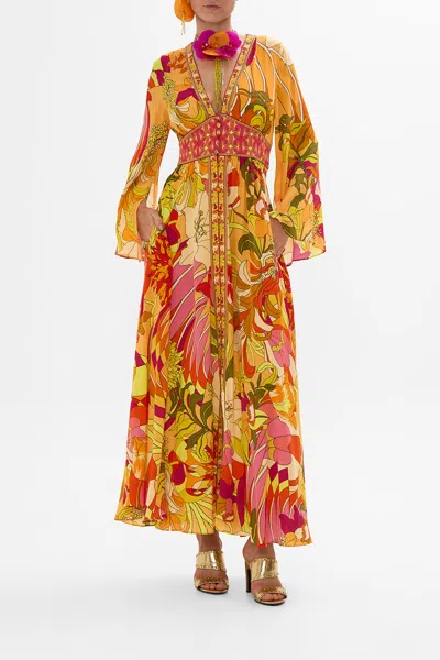 Camilla Kimono Sleeve Dress With Shirring Detail The Flower Child Society In Orange