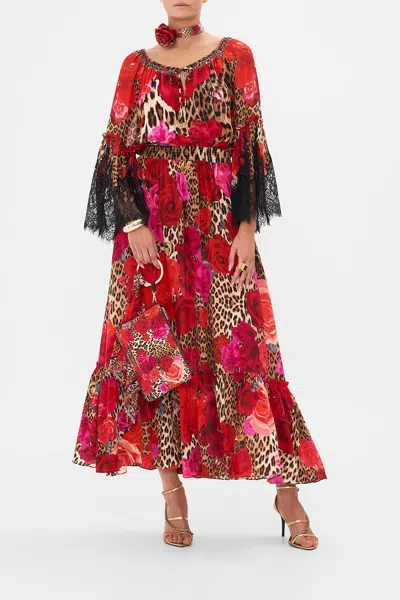 Camilla Long Dress With Gathered Bell Sleeve Heart Like A Wildflower In Red