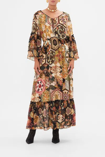 Camilla Long Dress With Gathered Bell Sleeve Stitched In Time In Black