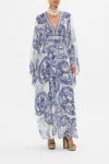 Camilla Long Kaftan With Waist Detail Glaze And Graze In Blue/white