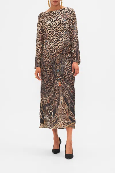 Camilla Long Sleeve Bias Dress Amsterglam In Black/brown