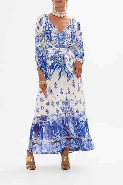 Camilla Long Sleeve Oversized Peasant Dress Immortal Ink In Blue/white