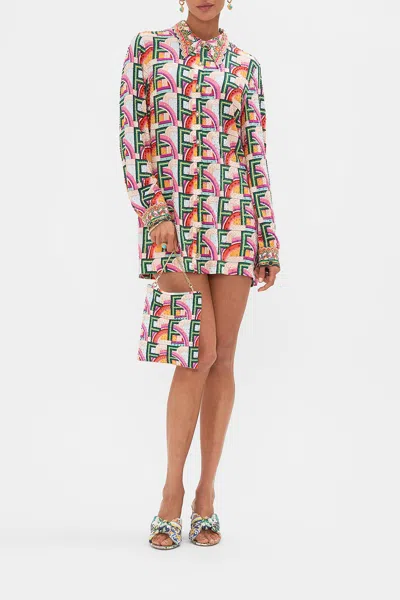 Camilla Long Sleeve Tunic Dress An Italian Welcome In Beige/green/multi
