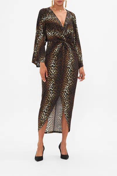 Camilla Long Split Front Twist Dress Amsterglam In Black/brown