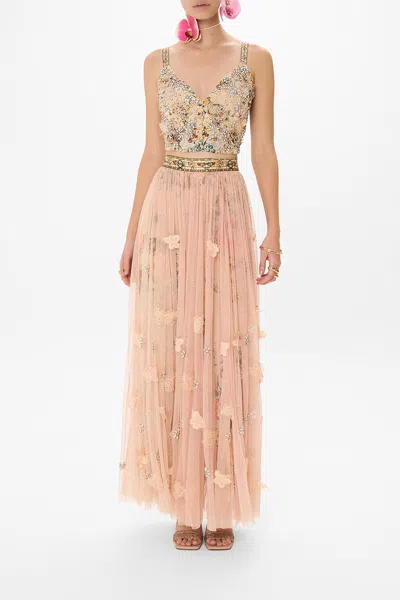 Camilla Long Tulle Skirt With 3d Lace & Flowers Rose Garden Revolution In Neutral