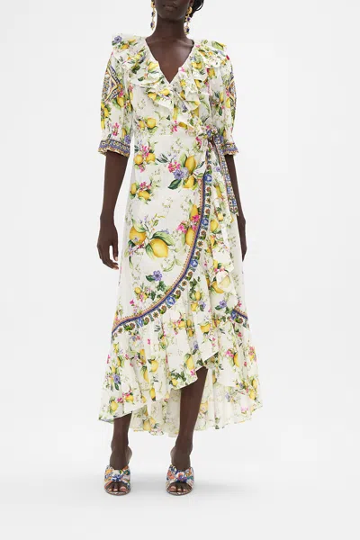 Camilla Maxi Wrap Dress With Puff Sleeve Caterina Spritz In Grey/
