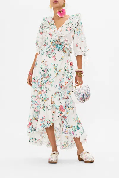 Camilla Maxi Wrap Dress With Puff Sleeve Plumes And Parterres In White