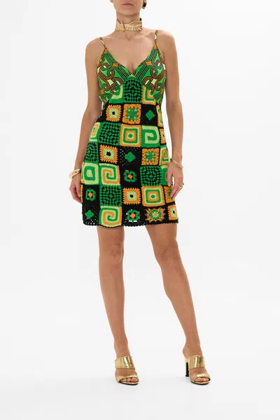 Camilla Mini Crochet Dress With Silk Top Good Vibes Generation In Green