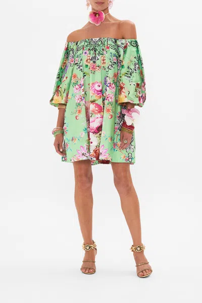 Camilla Off Shoulder Puff Dress Porcelain Dream In Green