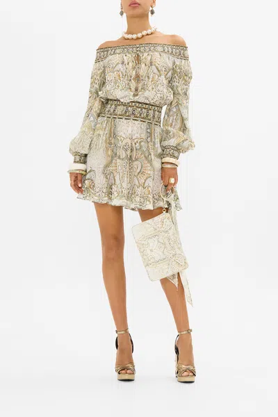 Camilla Off Shoulder Short Dress Ivory Tower Tales In Beige/green