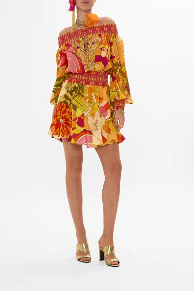 Camilla Off Shoulder Short Dress The Flower Child Society In Orange