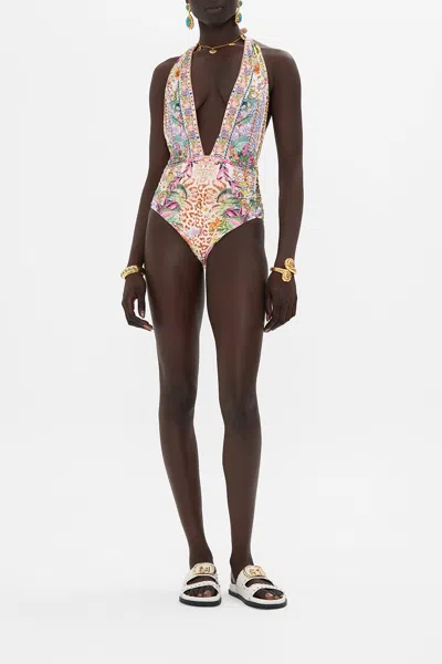 Camilla Plunge Neck Halter One Piece Flowers Of Neptune In Green//white