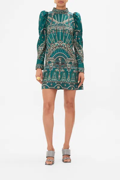 Camilla Puff Sleeve High Neck Mini Dress A Venice Veil In Green