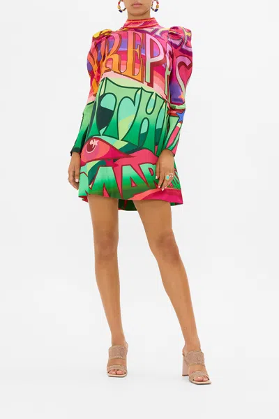 Camilla Puff Sleeve High Neck Mini Dress Pure Prism In Multi