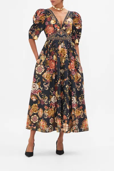 Camilla Puff Sleeve Long Dress With Hardware Stitched In Time In Black