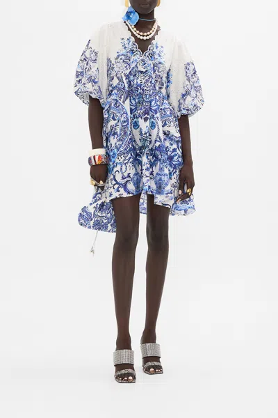 Camilla Puff Sleeve Short Dress With Broderie Detail Glaze And Graze In Blue/white