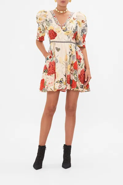 Camilla Puff Sleeve Short Dress With Hardware Etched Into Eternity In Beige/