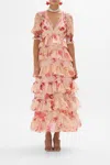 Camilla Puff Sleeve Tiered Skirt Long Dress Blossoms And Brushstrokes In Pink