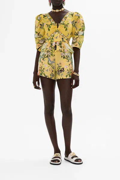 Camilla Puff Sleeve Top With Hardware Paths Of Gold In Yellow