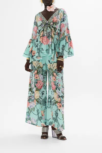 Camilla Raglan Blouse With Sleeve Ruffle Petal Promise Land In Blue/green