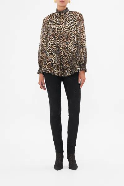 Camilla Raglan Button Up Shirt Amsterglam In Black/brown