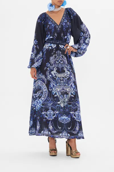 Camilla Raglan Shirred Waist Dress Delft Dynasty In Navy