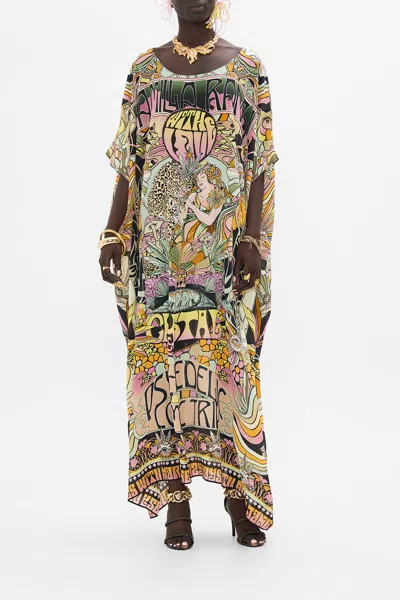 Camilla Round Neck Kaftan Day Trippin In Black/orange
