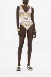 Camilla Ruched Tri - Tie Shoulder One Piece Palazzo Play Date In Brown/gold