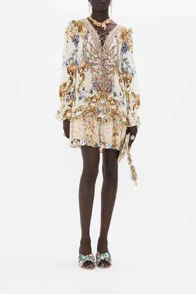 Camilla Ruffle Lace Up Dress Palazzo Play Date In Brown/gold/grey