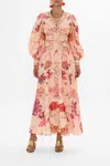 Camilla Floral Linen Shaped Waistband Maxi Dress In Pink